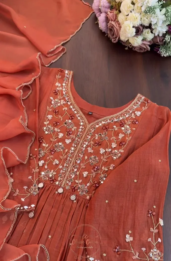 Anarkali Orange Georgette Kurta Set with Intricate Mirror & Gota Patti Work