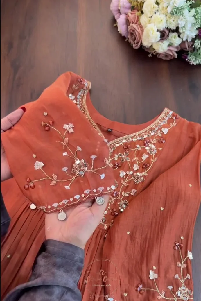 Anarkali Orange Georgette Kurta Set with Intricate Mirror & Gota Patti Work - Image 3