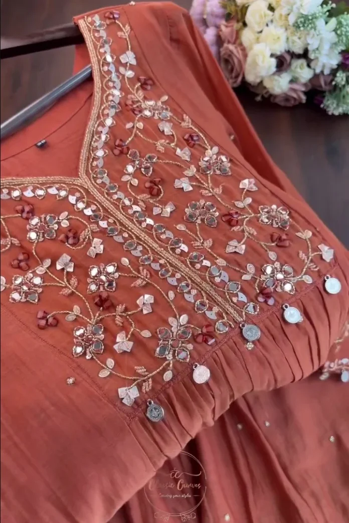Anarkali Orange Georgette Kurta Set with Intricate Mirror & Gota Patti Work - Image 2