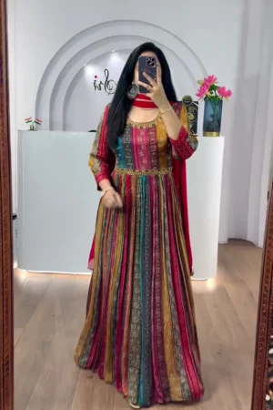 Womenโs Digital Multi Color Stylish Floor Length Anarkali Thread Sequence Work Gown with Dupatta