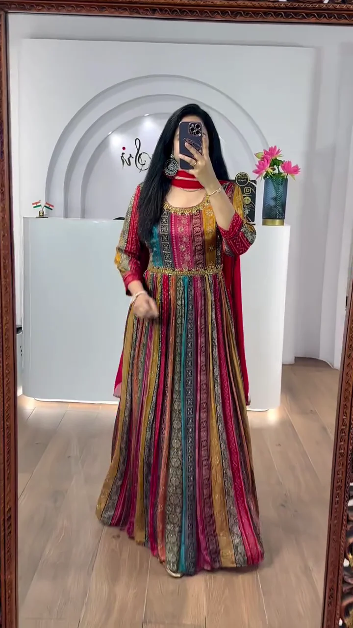 Women’s Digital Multi Color Stylish Floor Length Anarkali Thread Sequence Work Gown with Dupatta