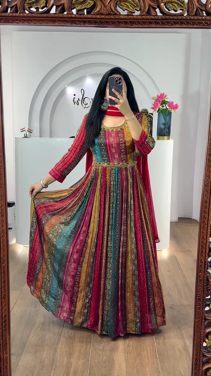 Women’s Digital Multi Color Stylish Floor Length Anarkali Thread Sequence Work Gown with Dupatta - Image 2