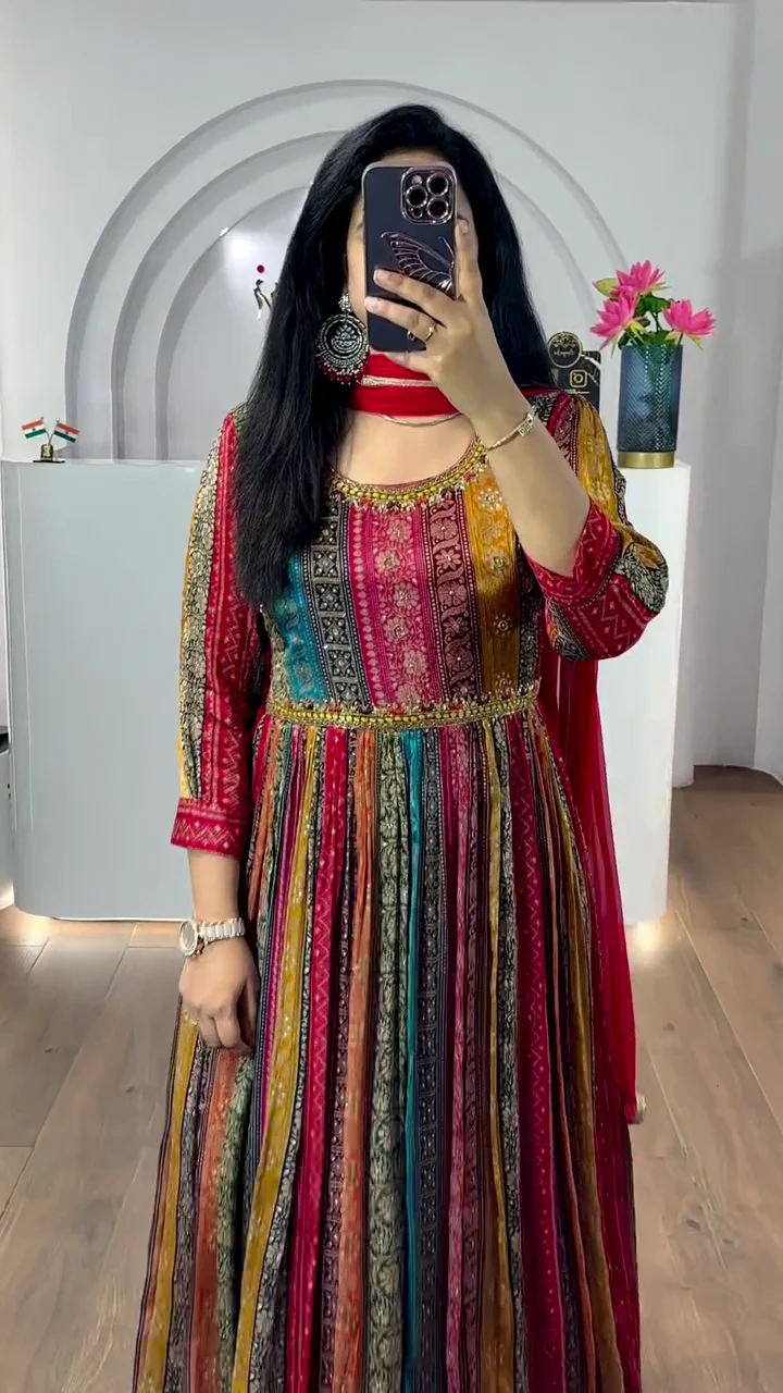 Women’s Digital Multi Color Stylish Floor Length Anarkali Thread Sequence Work Gown with Dupatta - Image 3