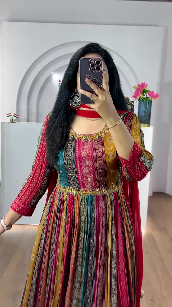 Women’s Digital Multi Color Stylish Floor Length Anarkali Thread Sequence Work Gown with Dupatta - Image 4