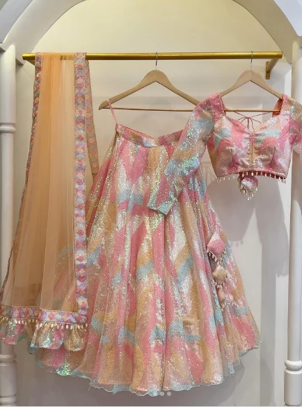 Pink Floral Print, Embellished Stitched Lehenga Choli
