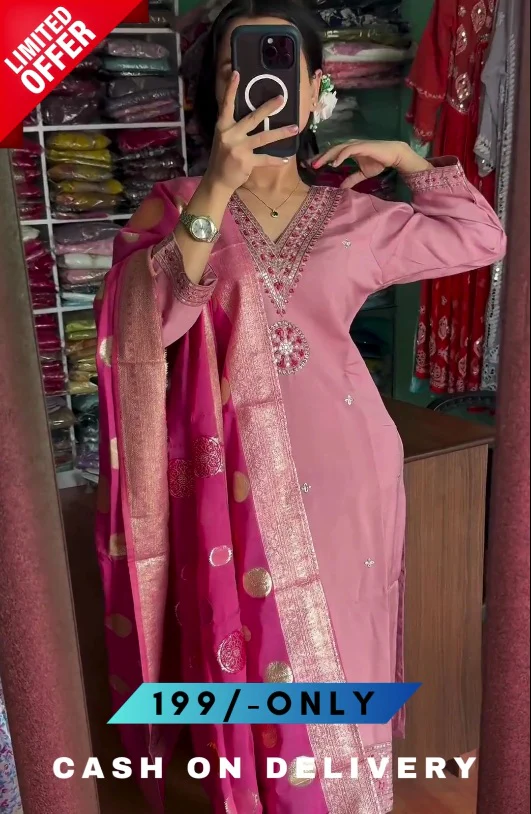 Women Silk Blend Pink Colour Kurta Pant Dupatta Set - Image 2