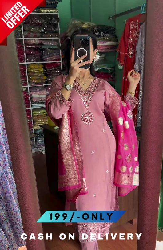 Women Silk Blend Pink Colour Kurta Pant Dupatta Set